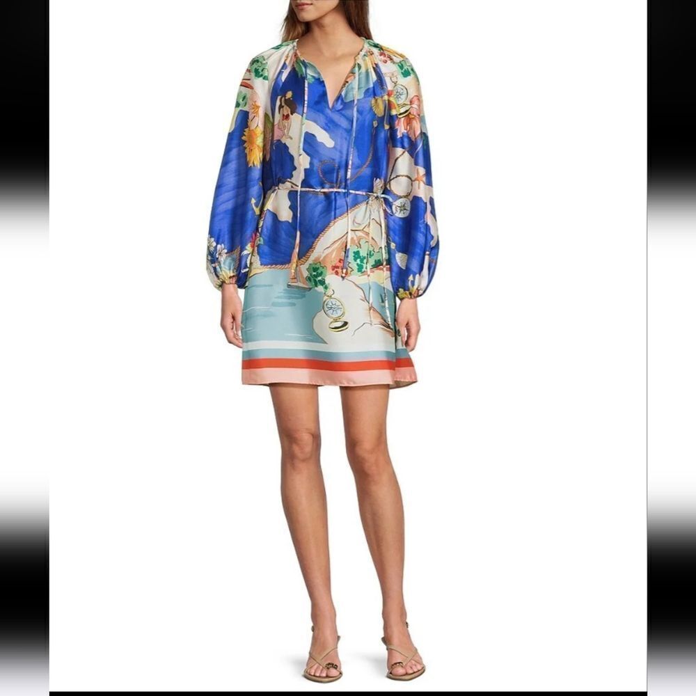 Antonio Melani Raffaella Key Hole Tie Neck Long Sleeve Belted Mini Dress Size XS
